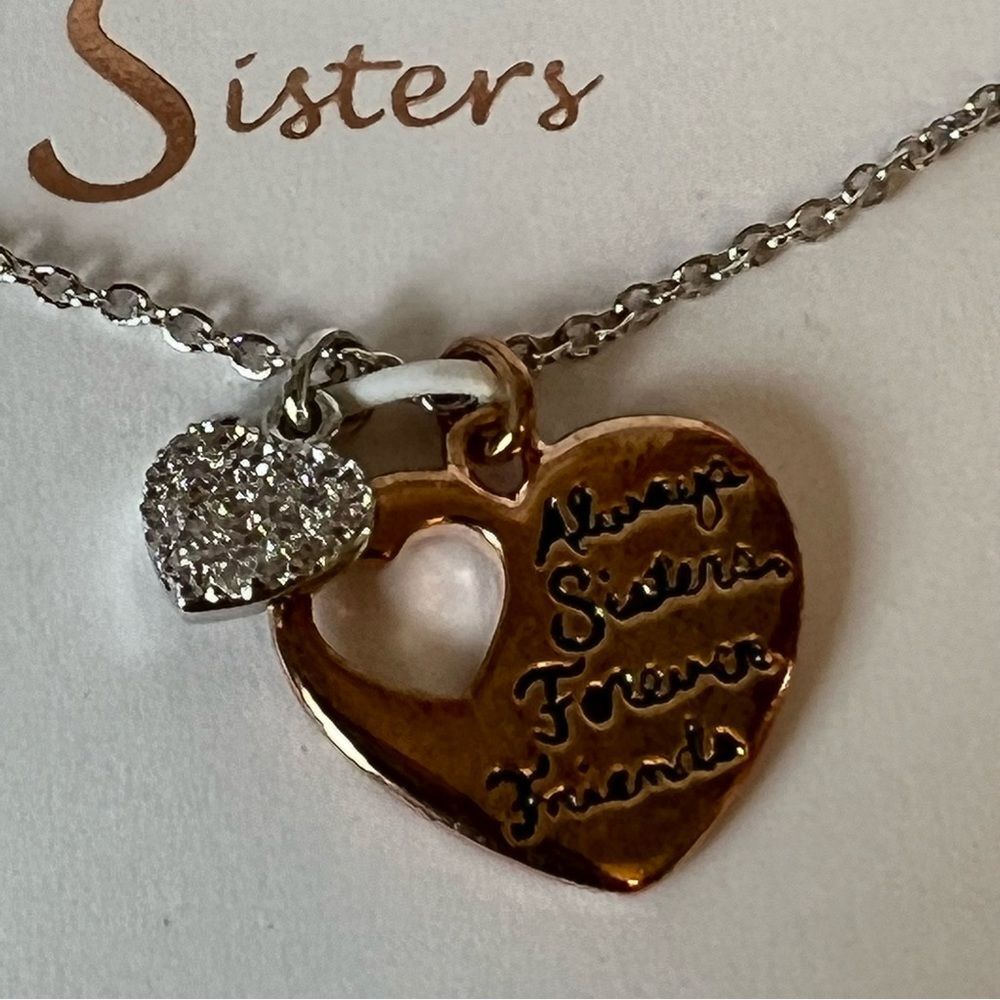 💕SISTERS💕 necklace NWT in box. Silver chain, rose gold heart